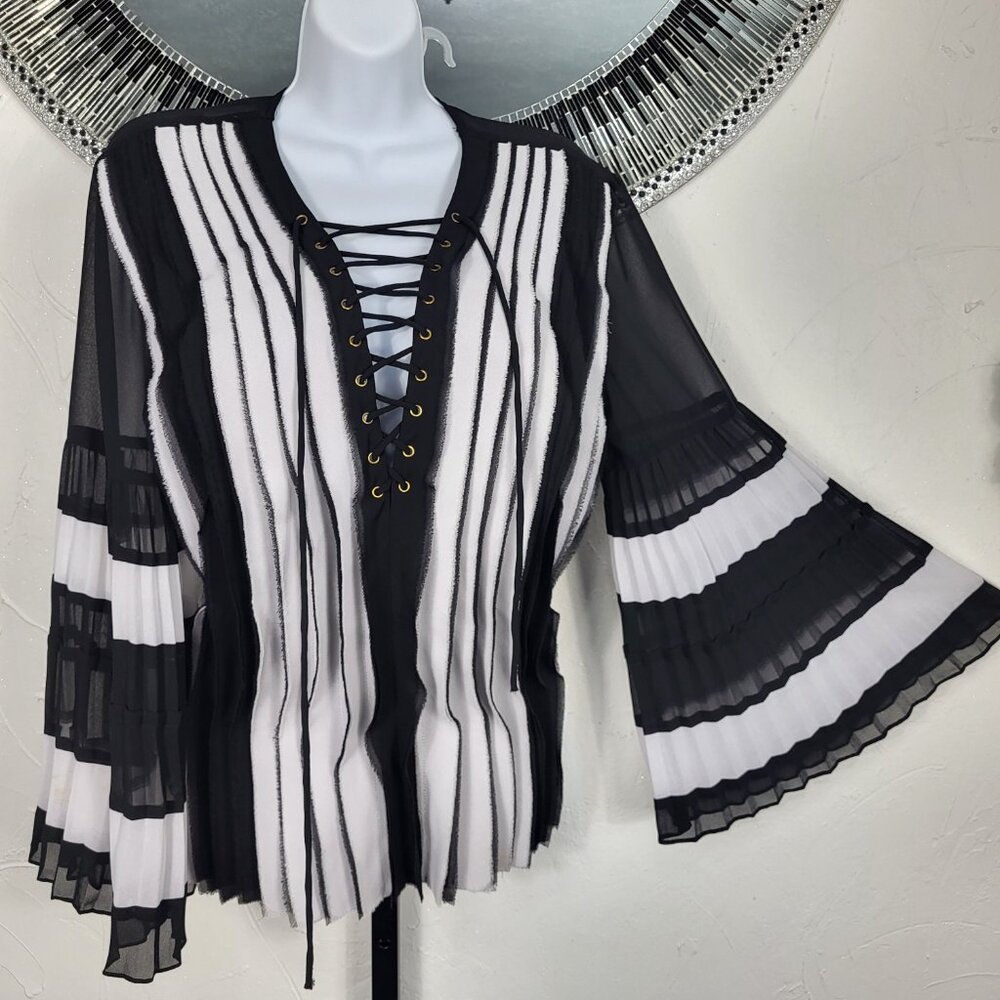 $395~JUST CAVALLI~44/46~BLACK WHITE STRIP LAYERED PLEATED TIE BLOUSE SHIRT TOP